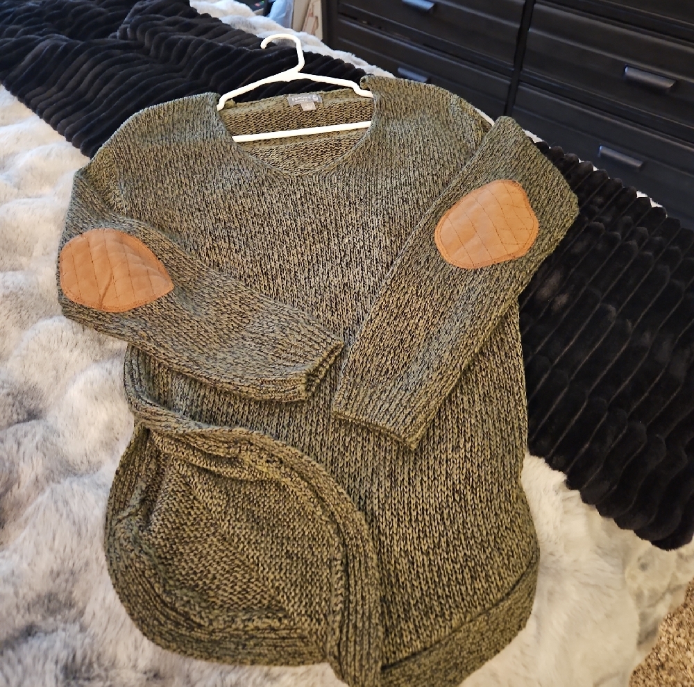 Green Sweater with Brown Elbow Patches